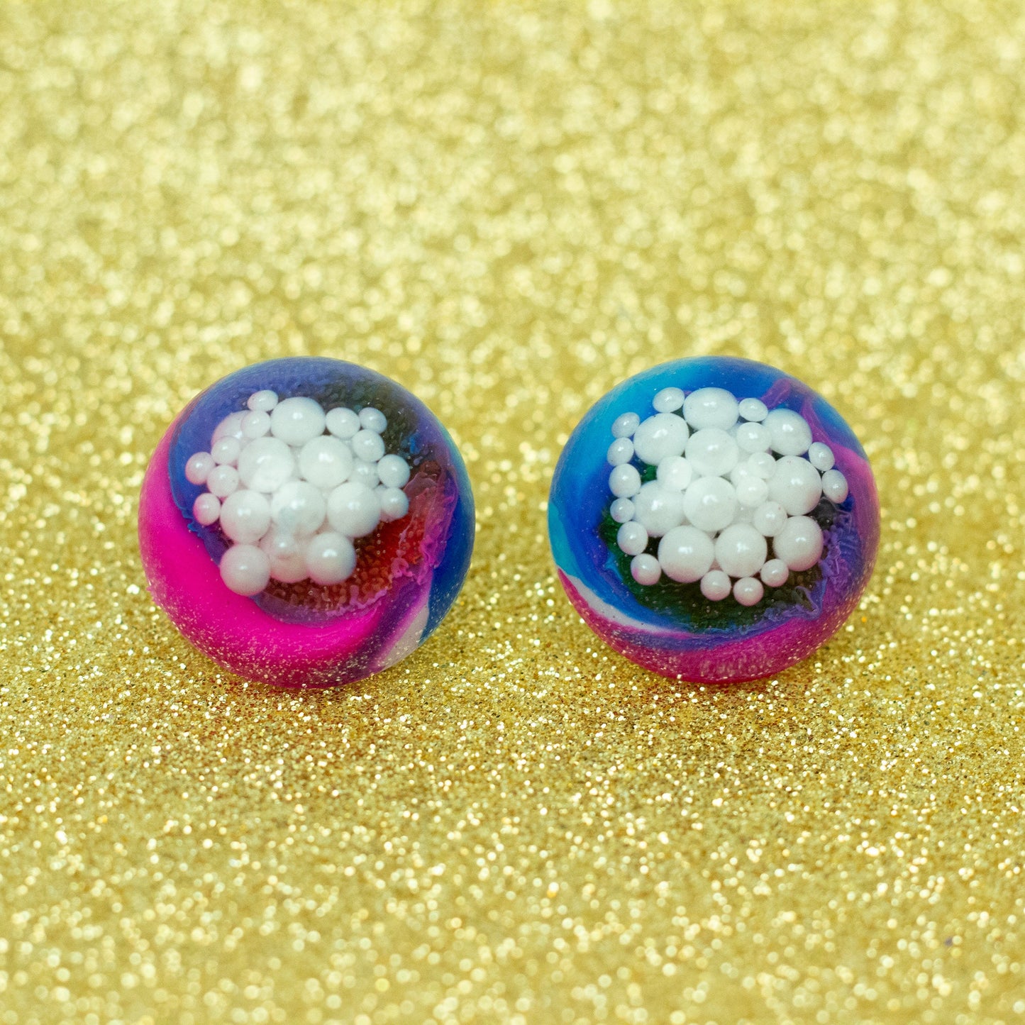 Dome Stud Earrings with Faux Pearls / Blue, Pink + Rainbow