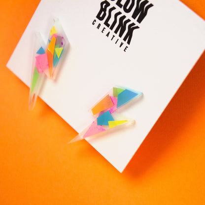 Medium Lightning Bolt Earrings / Iridescent Rainbow Color Fragments