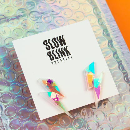 Medium Lightning Bolt Earrings / Iridescent Rainbow Color Fragments