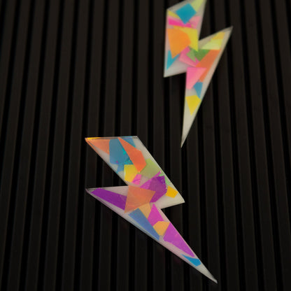 Large Lightning Bolt Earrings / Iridescent Rainbow Colour Fragments