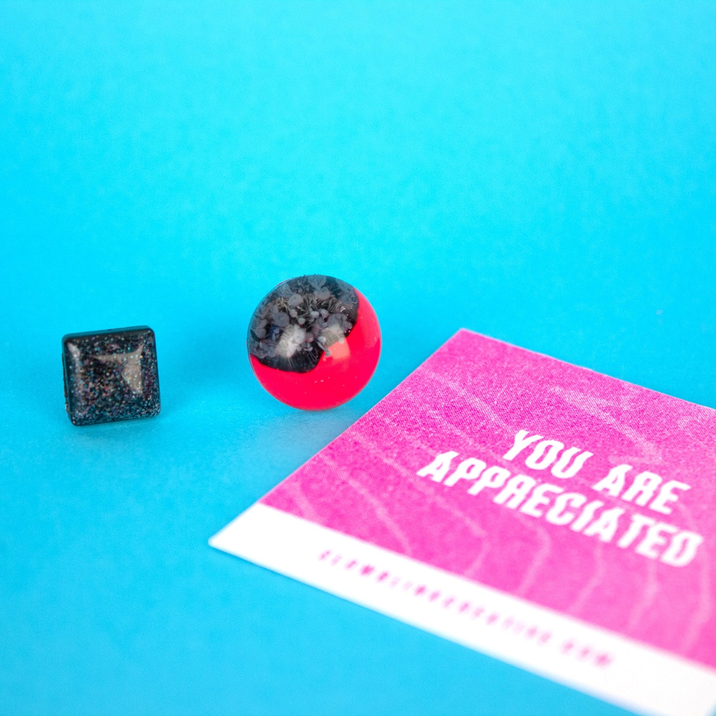 Mismatched Earrings / Neon Pink Inked Circle + Black Square