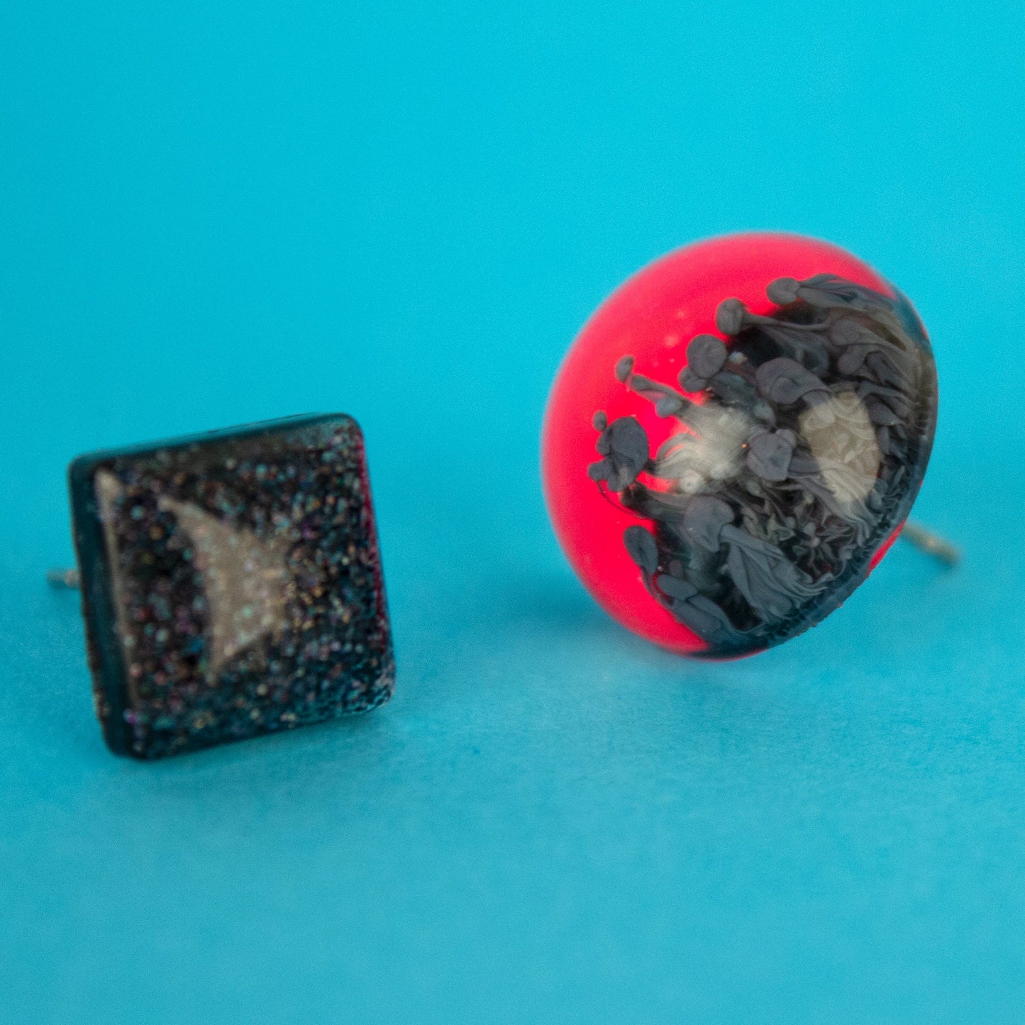 Mismatched Earrings / Neon Pink Inked Circle + Black Square