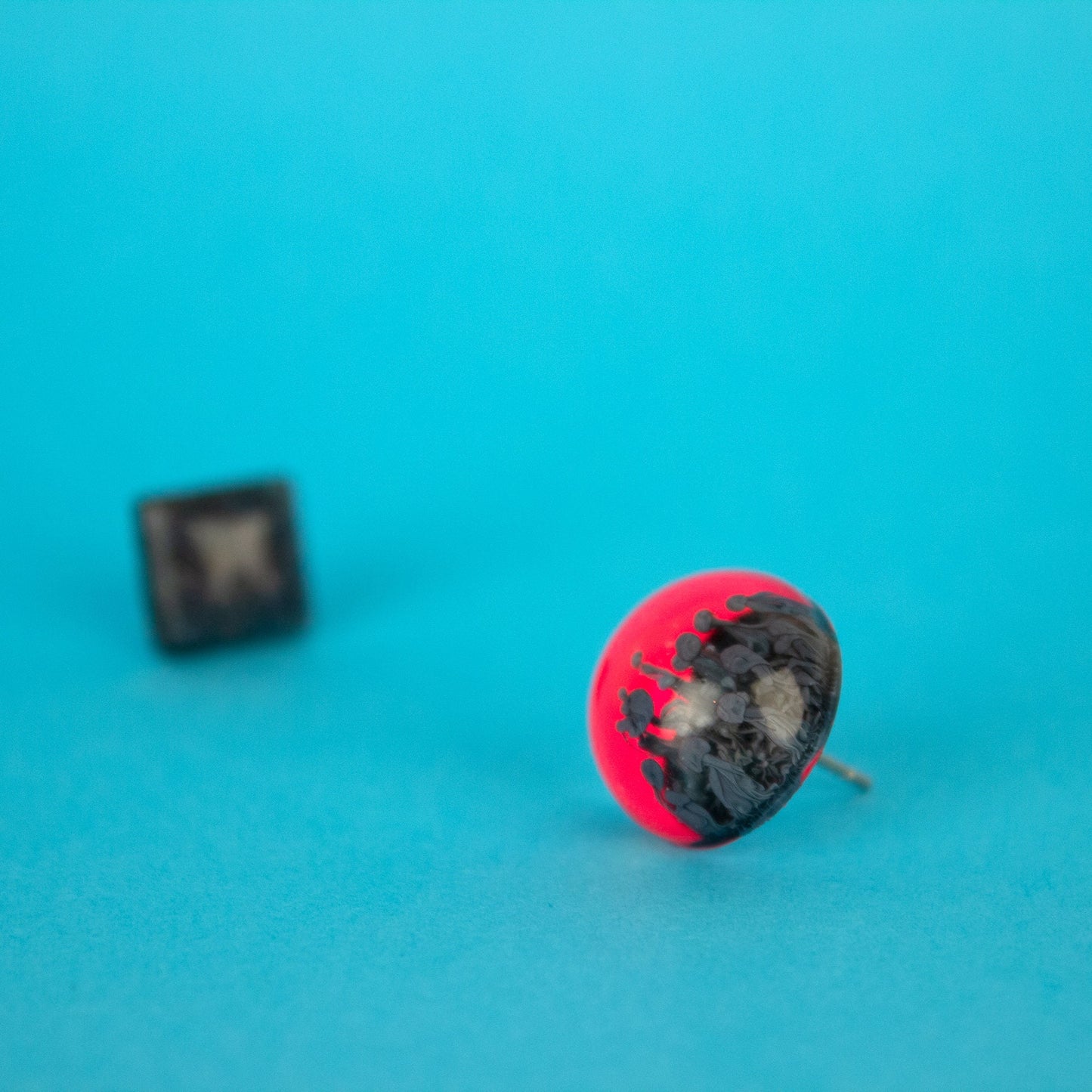 Mismatched Earrings / Neon Pink Inked Circle + Black Square