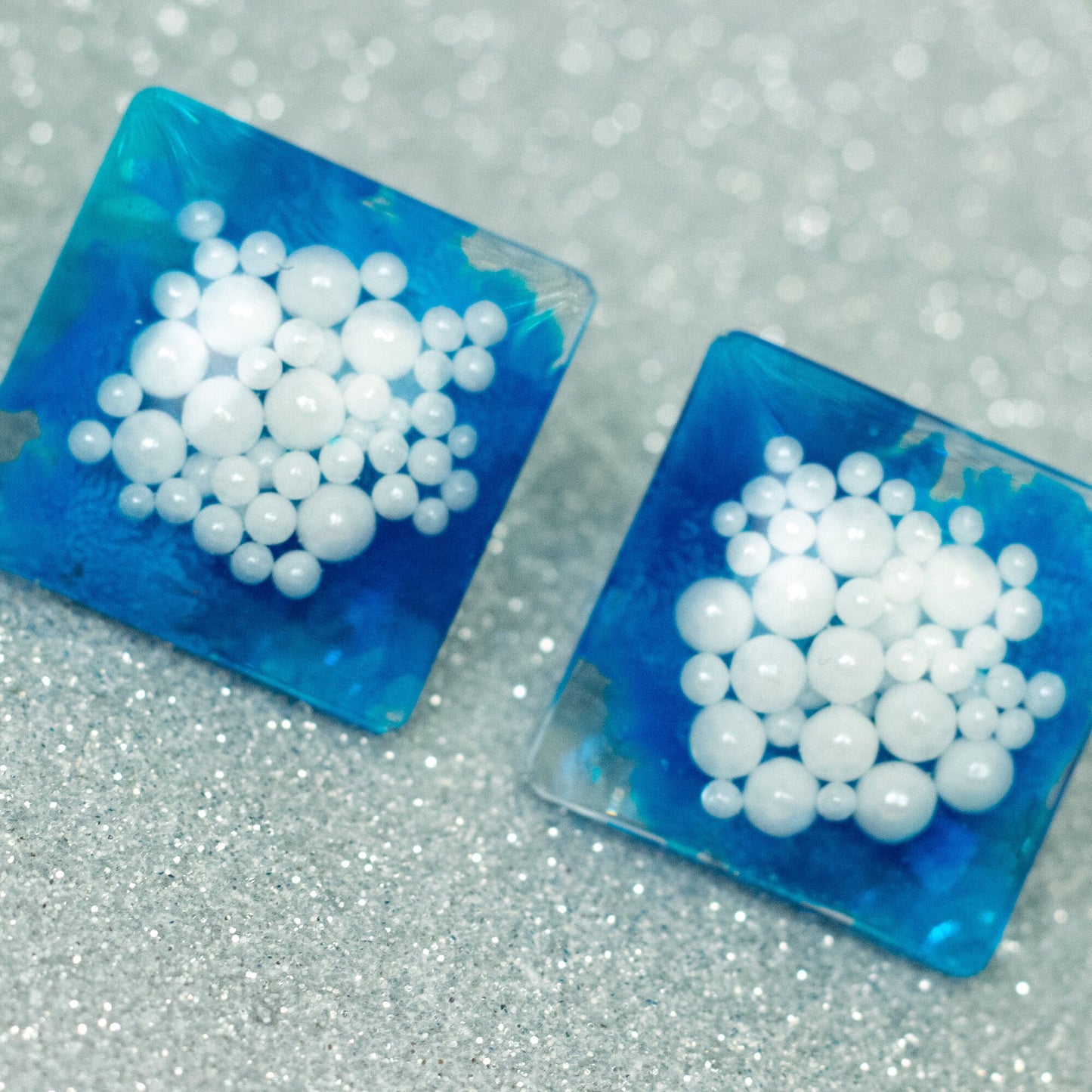 Square Blue Statement Earrings with Faux Pearls (1")