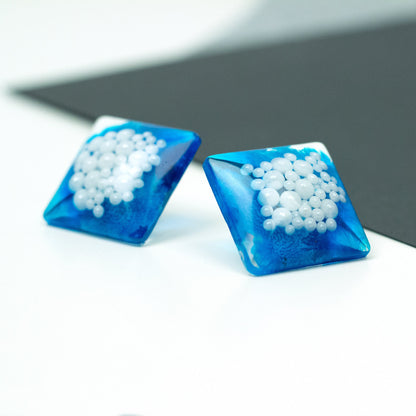 Square Blue Statement Earrings with Faux Pearls (1")