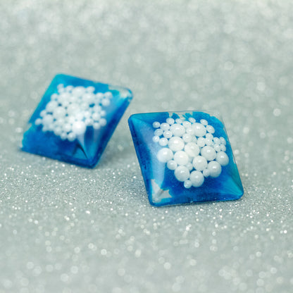 Square Blue Statement Earrings with Faux Pearls (1")