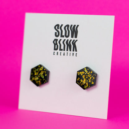 Hexagon Earrings / Black + Gold