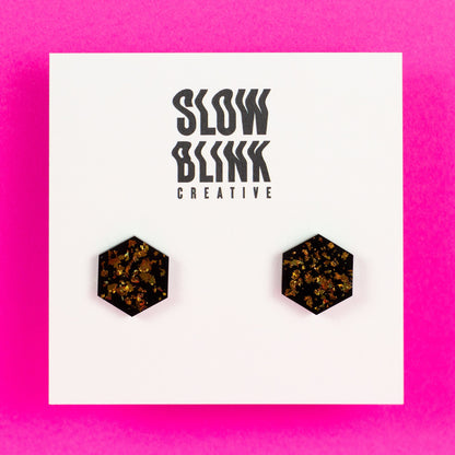 Hexagon Earrings / Black + Gold