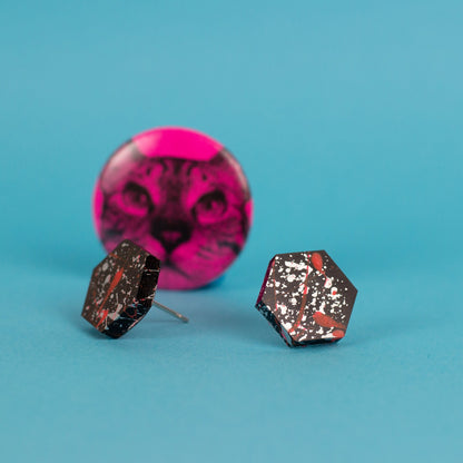 Hexagon Earrings / Black, Neon Pink + Silver