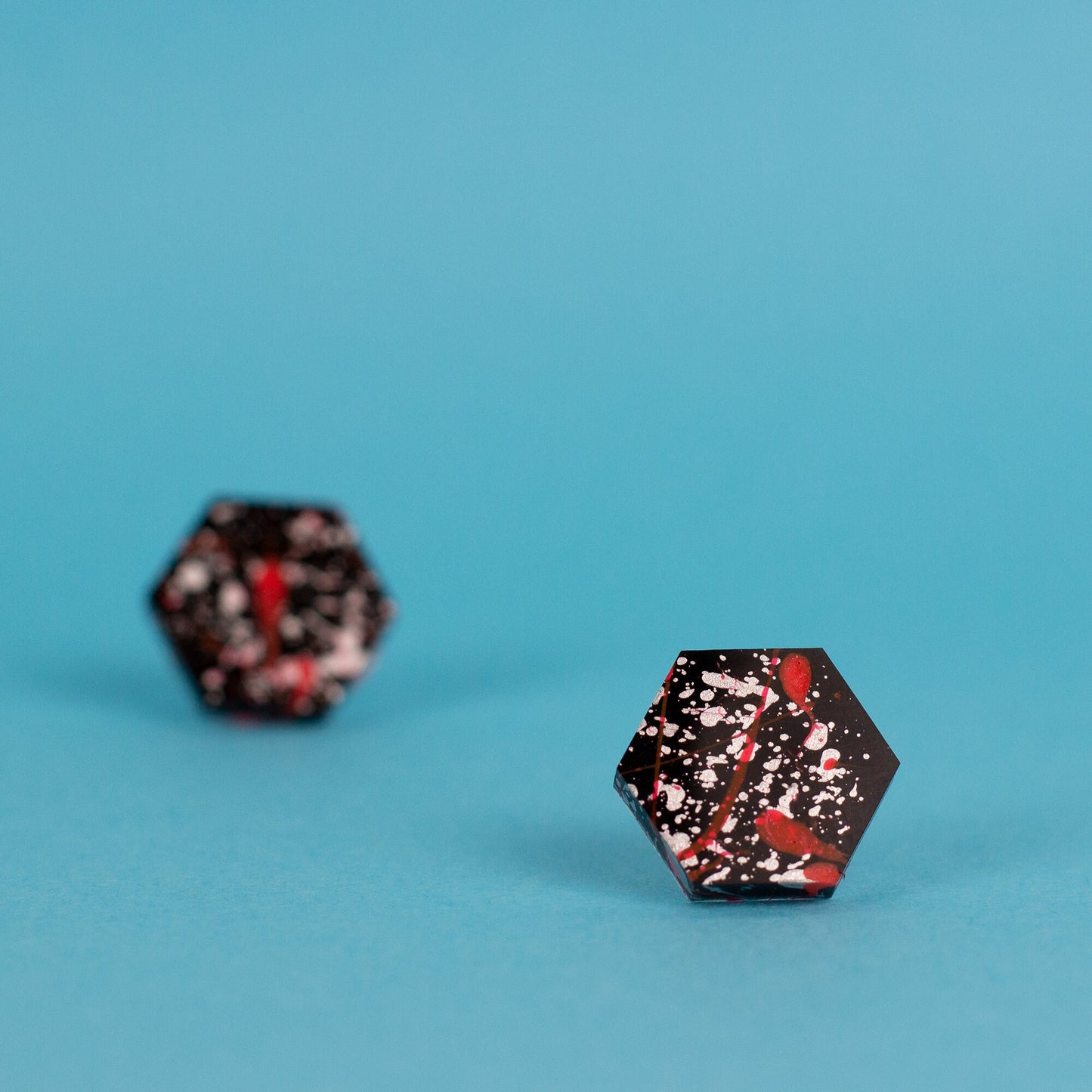 Hexagon Earrings / Black, Neon Pink + Silver