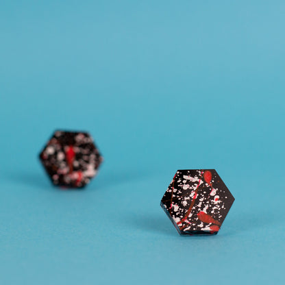 Hexagon Earrings / Black, Neon Pink + Silver