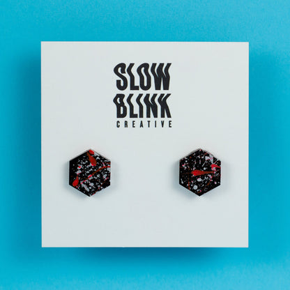 Hexagon Earrings / Black, Neon Pink + Silver