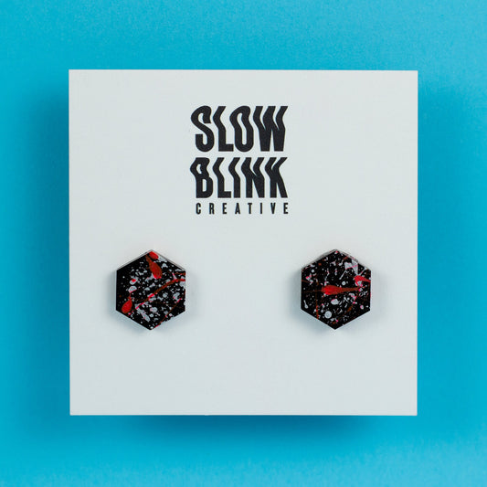 Hexagon Earrings / Black, Neon Pink + Silver