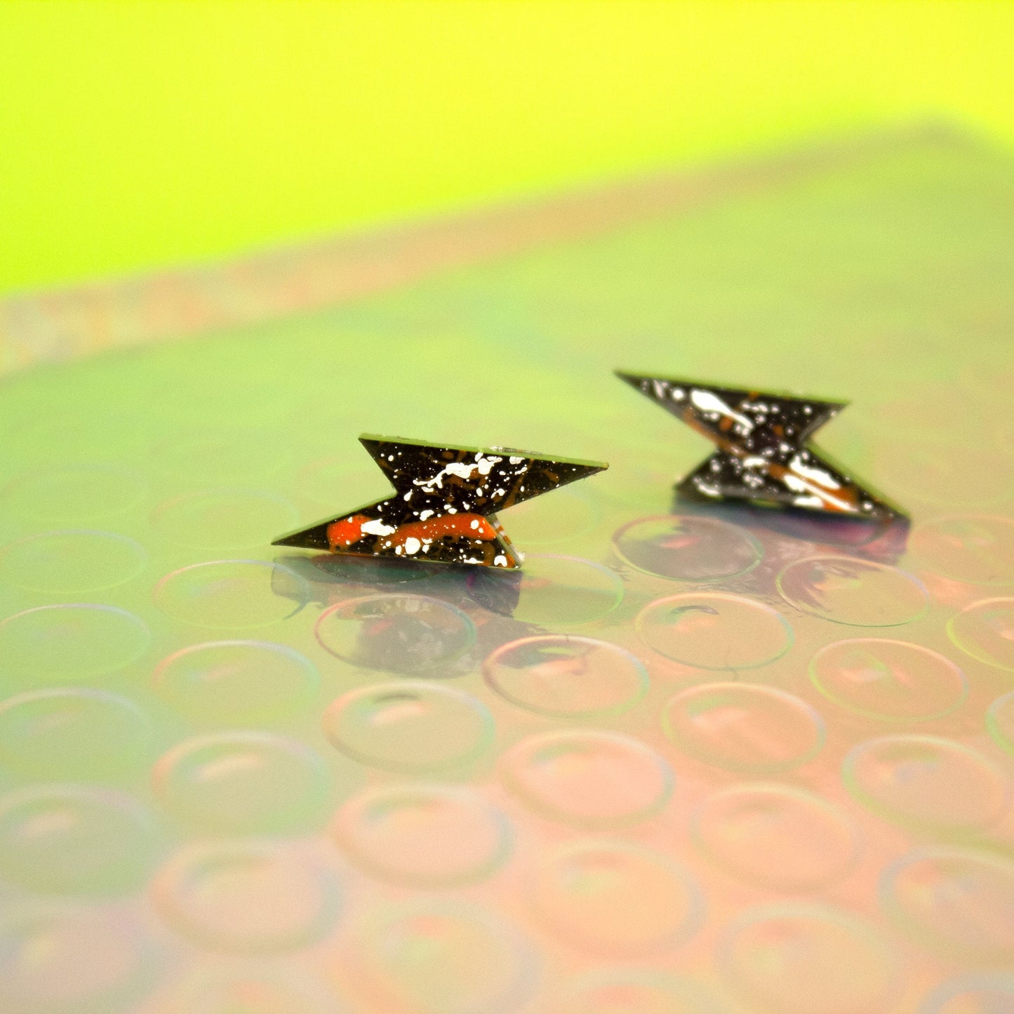 Small Lightning Bolt Earrings / Black, Silver + Orange