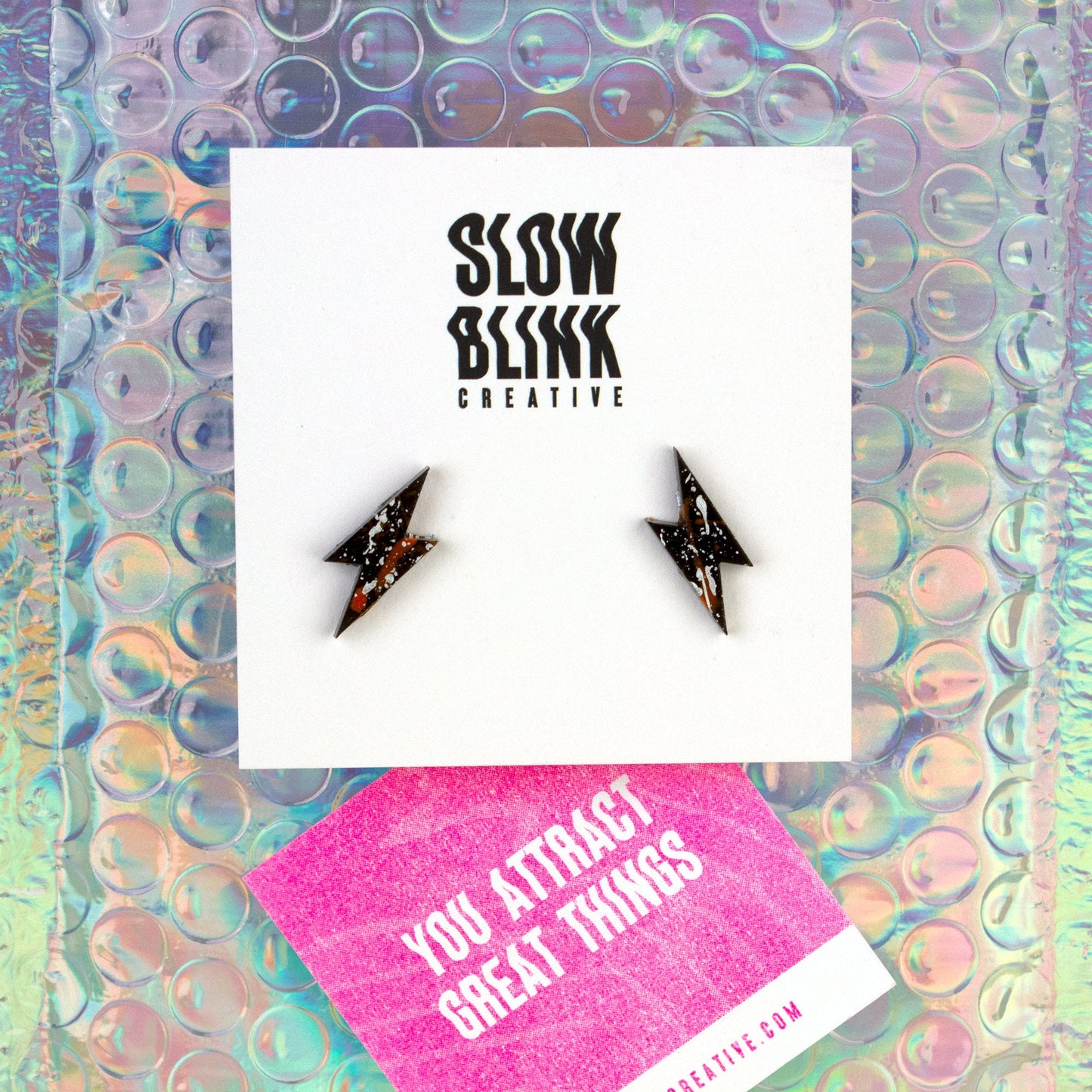 Small Lightning Bolt Earrings / Black, Silver + Orange