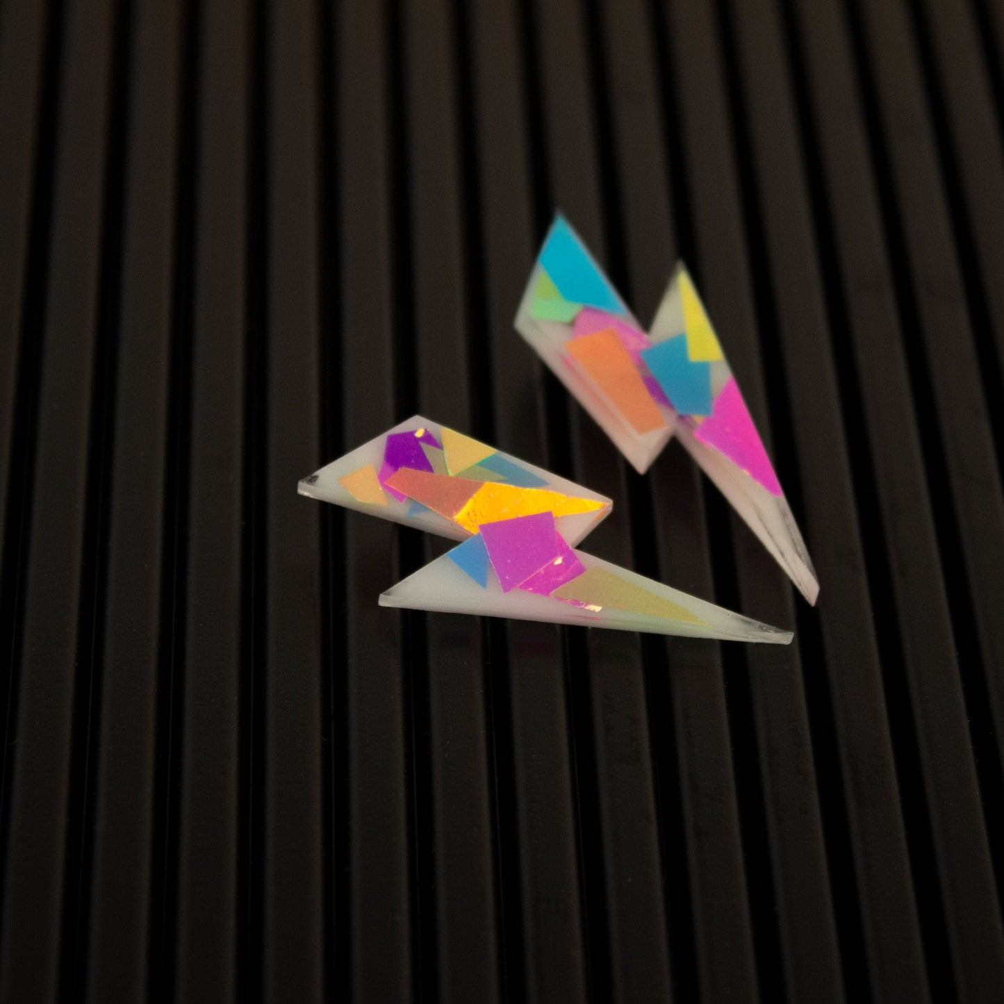 Medium Lightning Bolt Earrings / Iridescent Rainbow Color Fragments