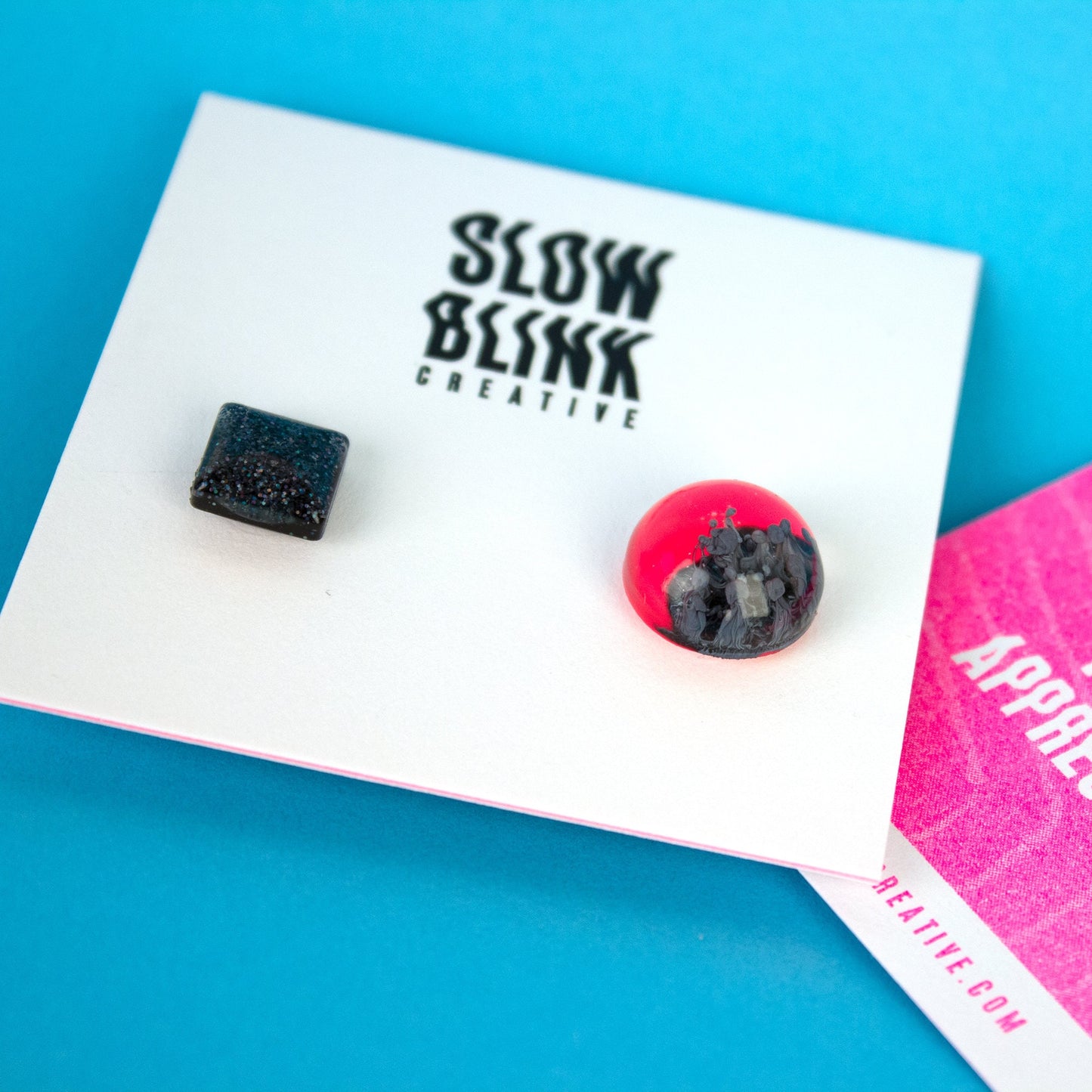 Mismatched Earrings / Neon Pink Inked Circle + Black Square