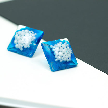 Square Blue Statement Earrings with Faux Pearls (1")