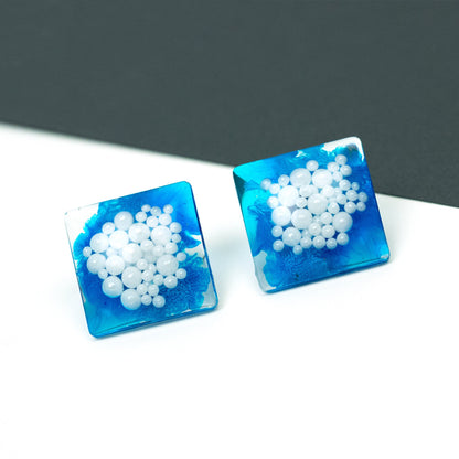 Square Blue Statement Earrings with Faux Pearls (1")