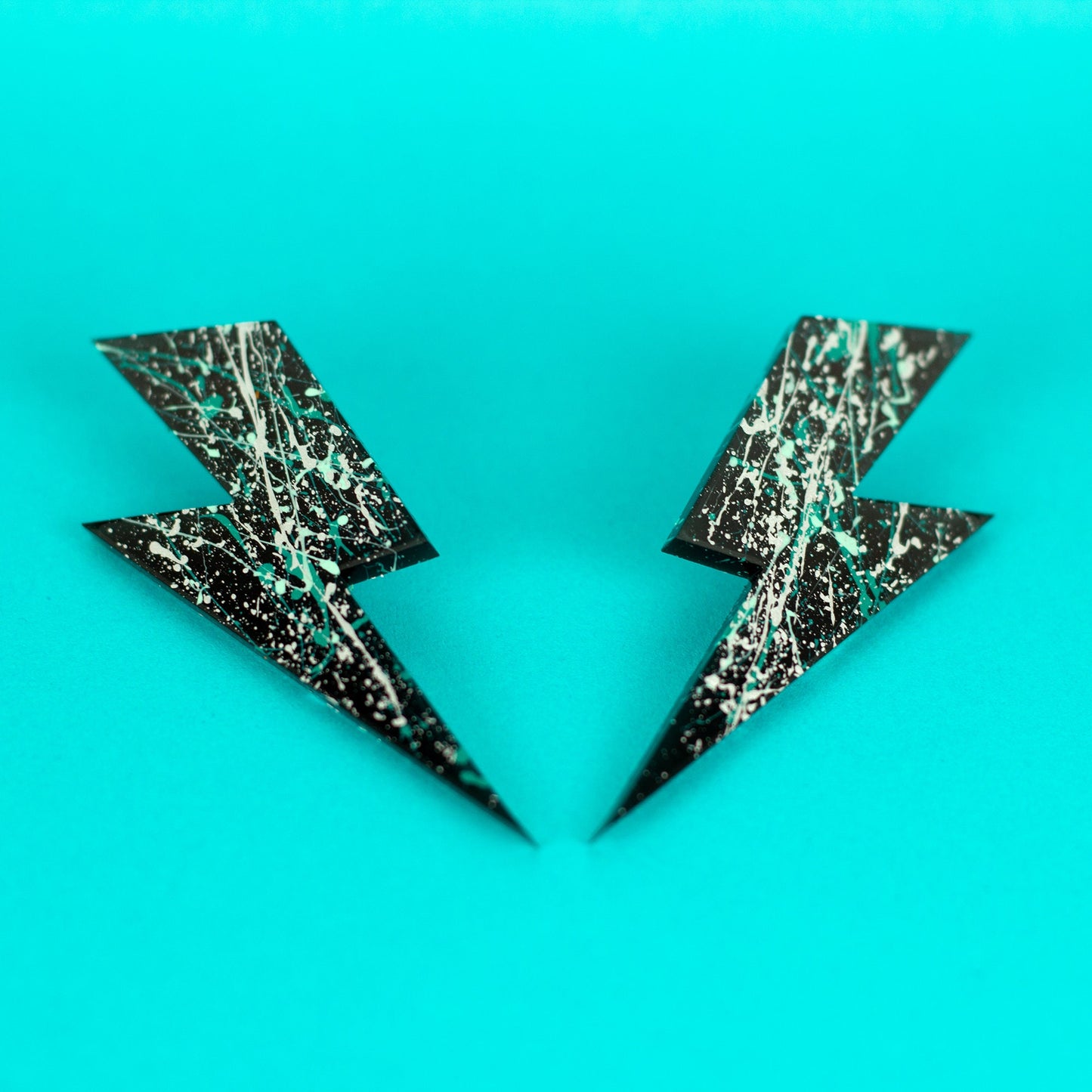 Large Lightning Bolt Earrings Black/Silver/Mint