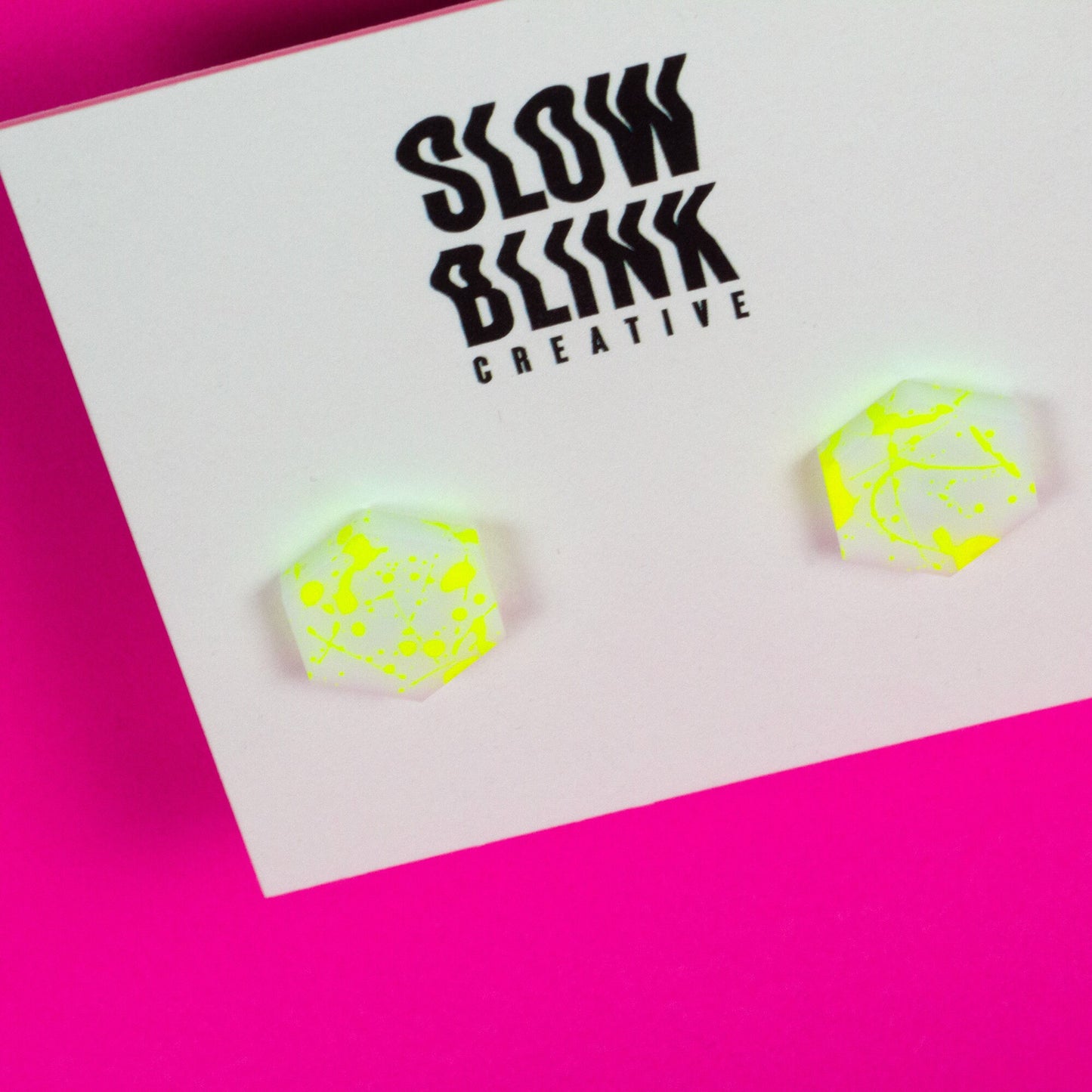 Hexagon Earrings / White + Yellow Neon