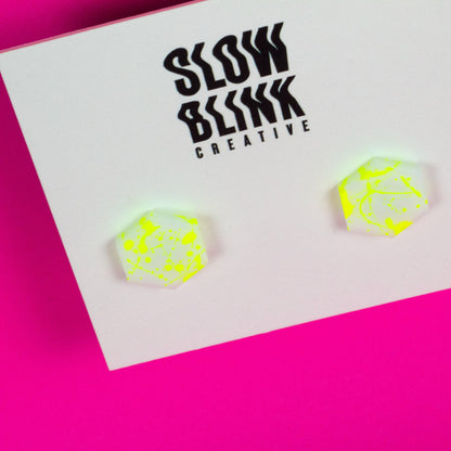 Hexagon Earrings / White + Yellow Neon