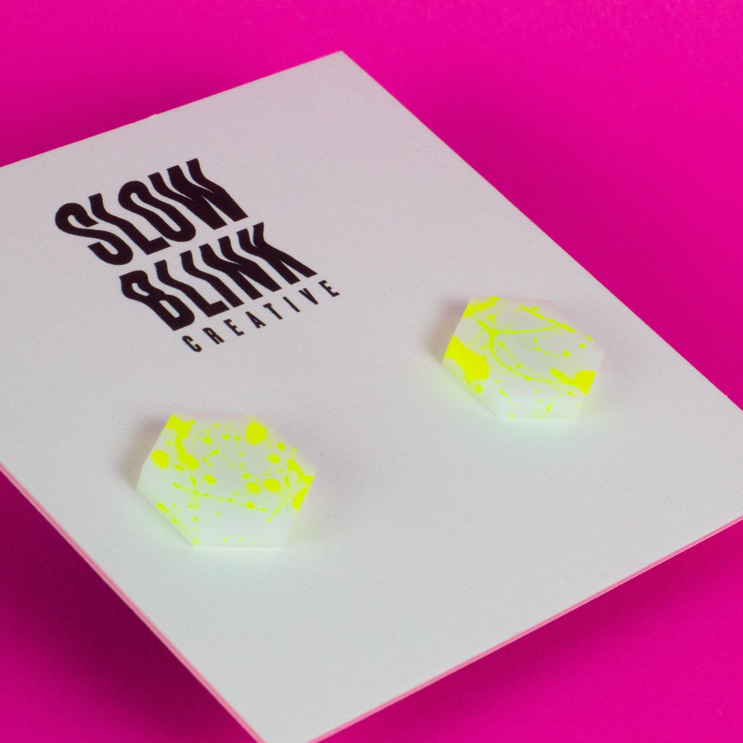 Hexagon Earrings / White + Yellow Neon