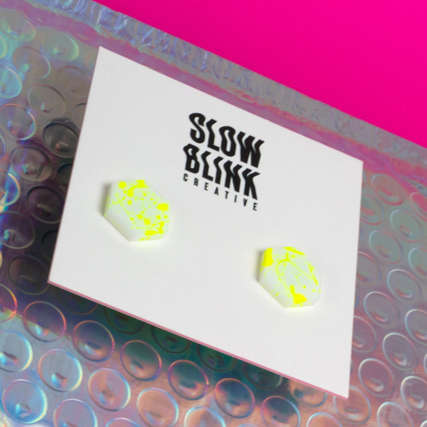 Hexagon Earrings / White + Yellow Neon