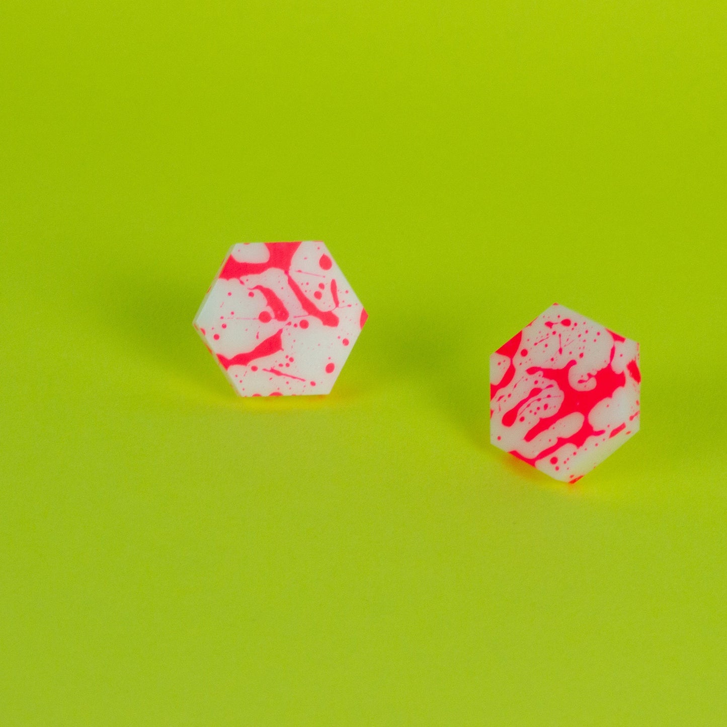 Hexagon Earrings / White + Pink Neon