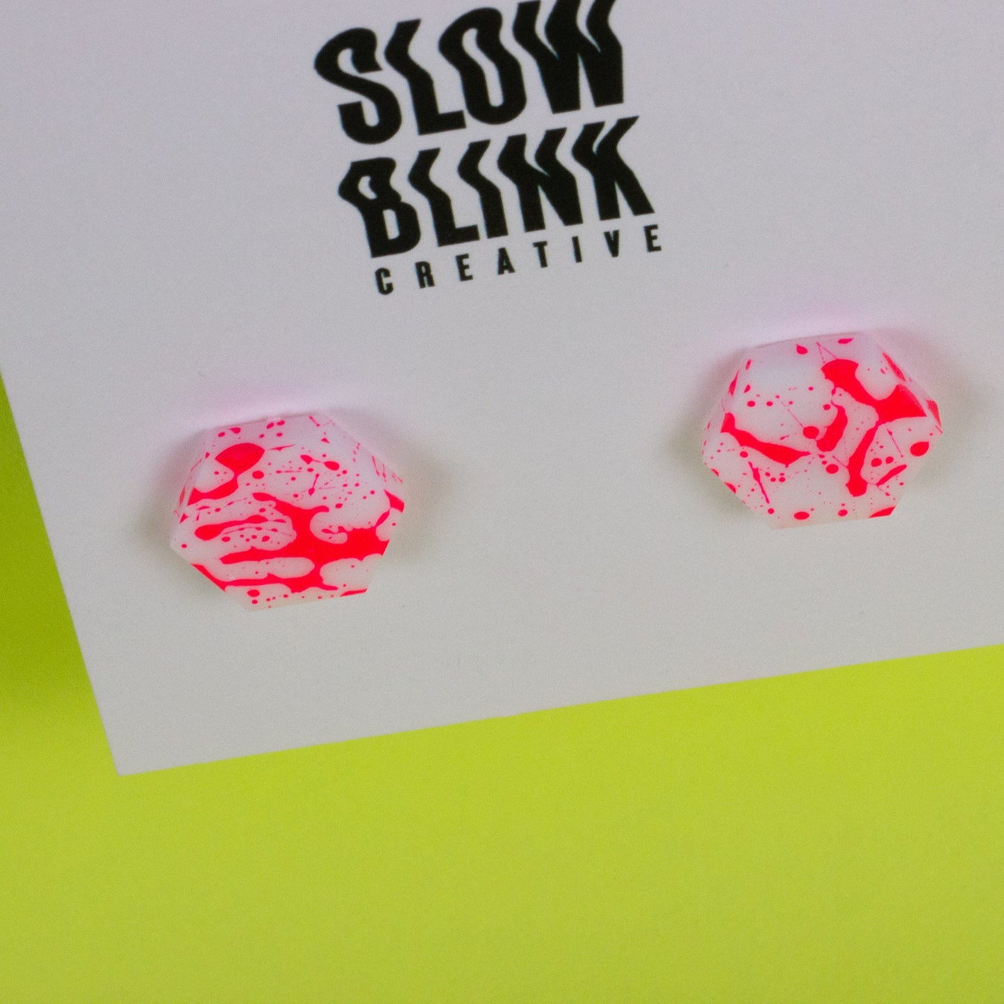 Hexagon Earrings / White + Pink Neon