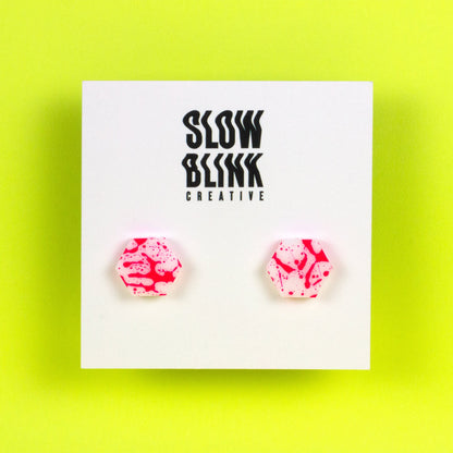 Hexagon Earrings / White + Pink Neon