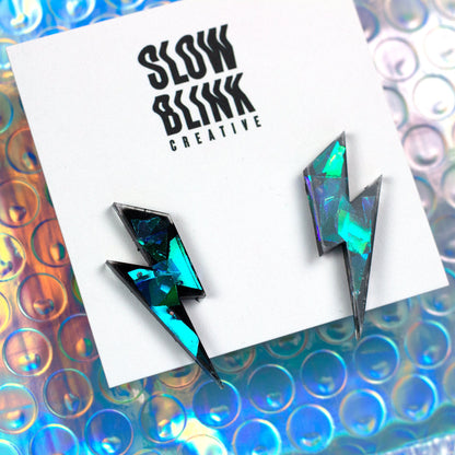 Medium Lightning Bolt Earrings / Black Iridescent Earrings