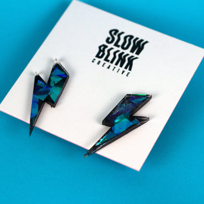 Medium Lightning Bolt Earrings / Black Iridescent Earrings