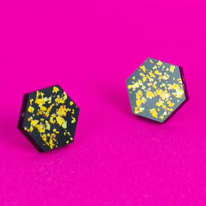 Hexagon Earrings / Black + Gold