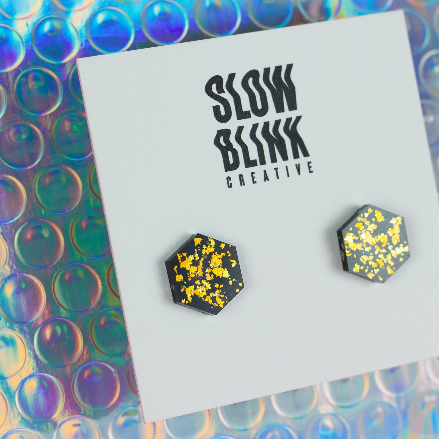 Hexagon Earrings / Black + Gold