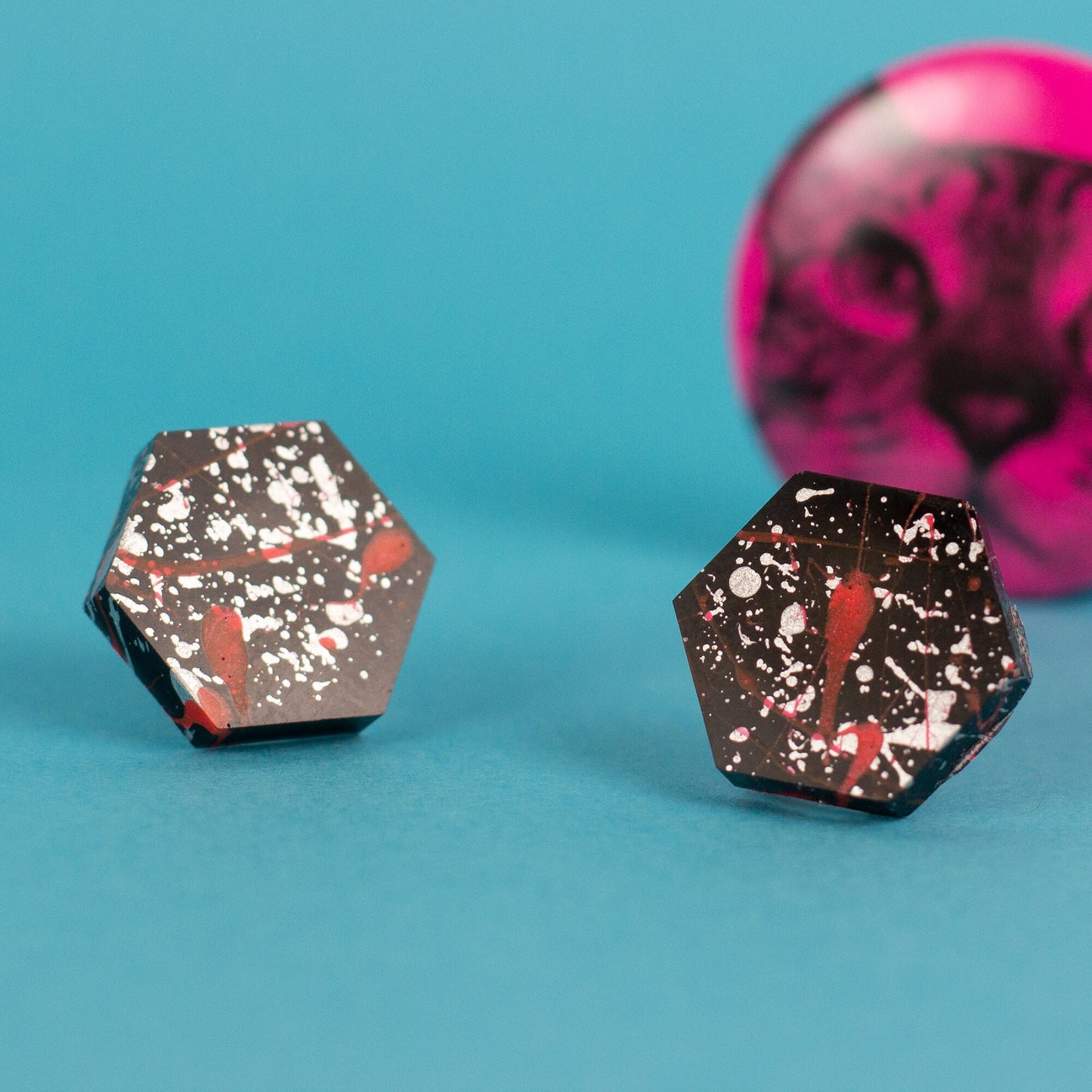 Hexagon Earrings / Black, Neon Pink + Silver