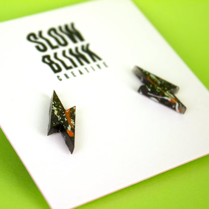 Small Lightning Bolt Earrings / Black, Silver + Orange