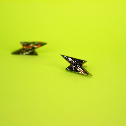 Small Lightning Bolt Earrings / Black, Silver + Orange