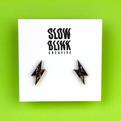 Small Lightning Bolt Earrings / Black, Silver + Orange