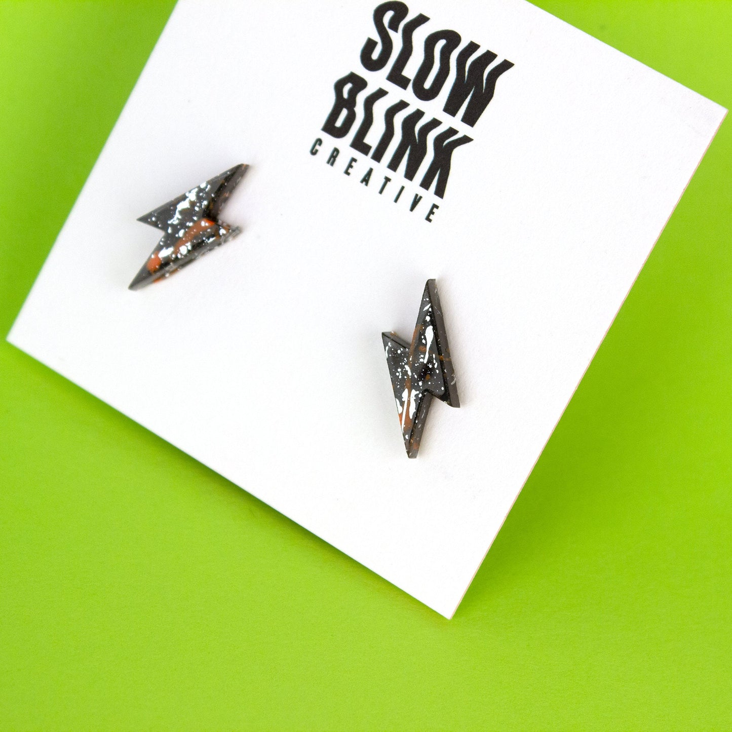 Small Lightning Bolt Earrings / Black, Silver + Orange