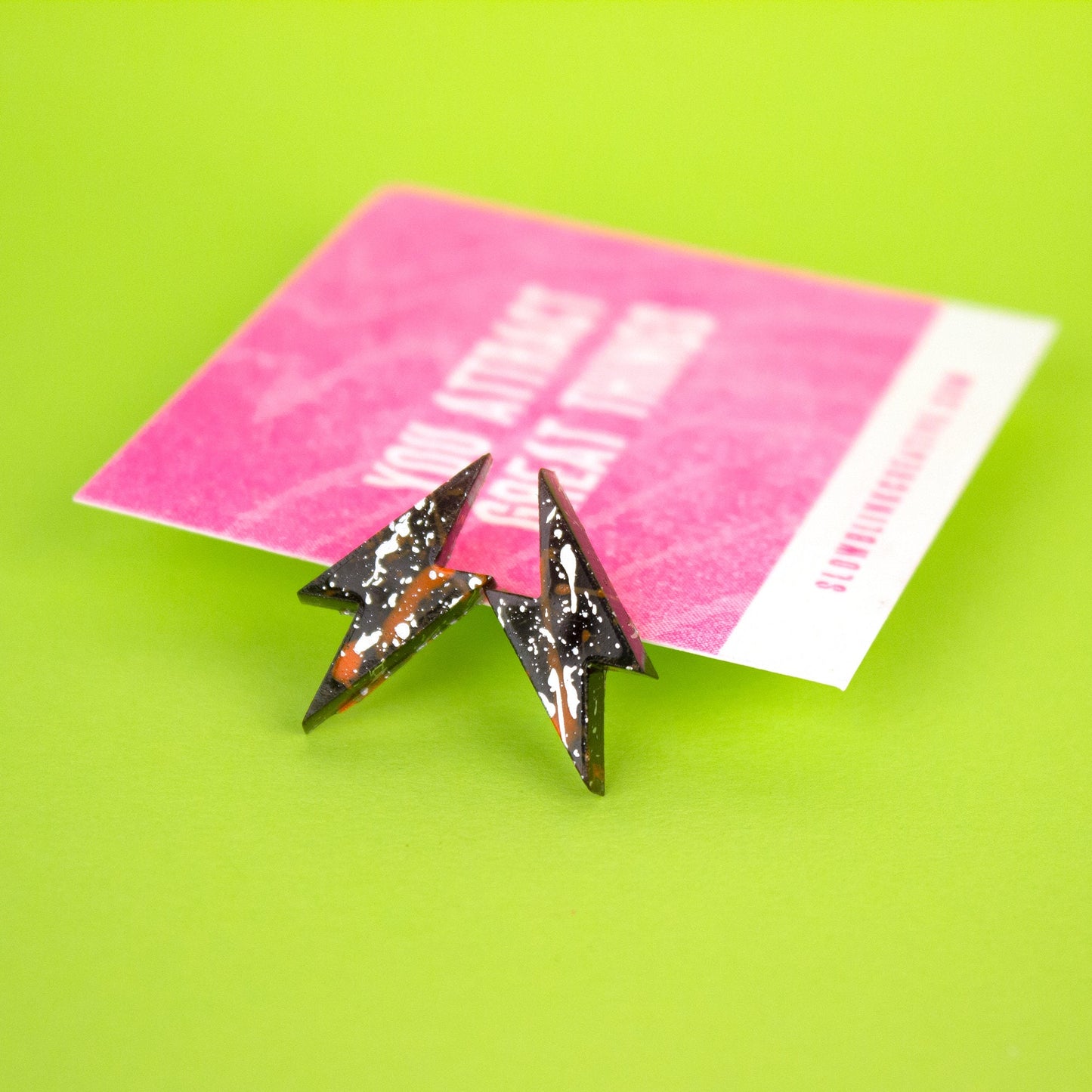 Small Lightning Bolt Earrings / Black, Silver + Orange