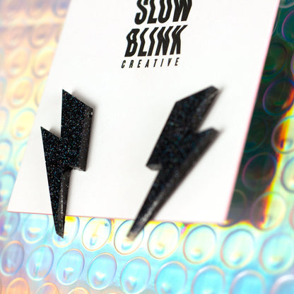 Medium Lightning Bolt Earrings / Black Holographic Earrings