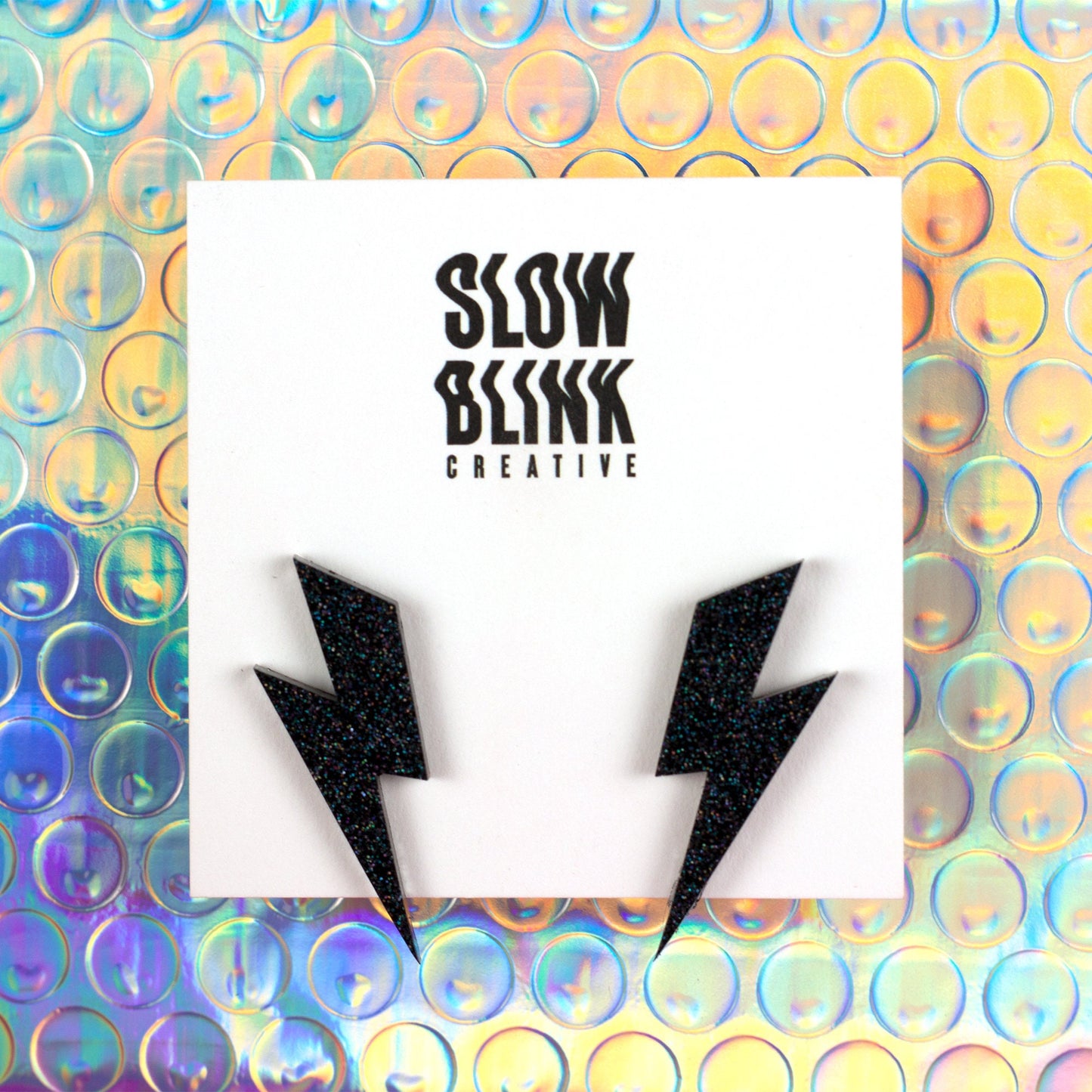 Medium Lightning Bolt Earrings / Black Holographic Earrings