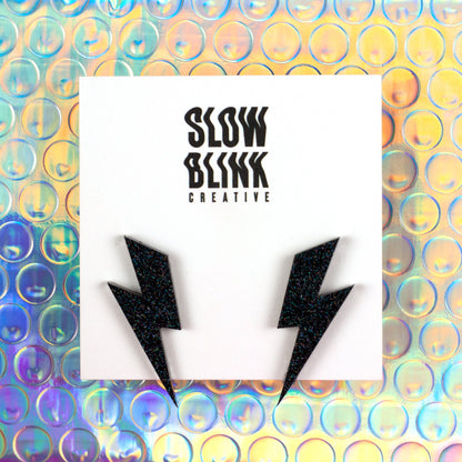 Medium Lightning Bolt Earrings / Black Holographic Earrings