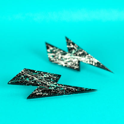 Large Lightning Bolt Earrings Black/Silver/Mint