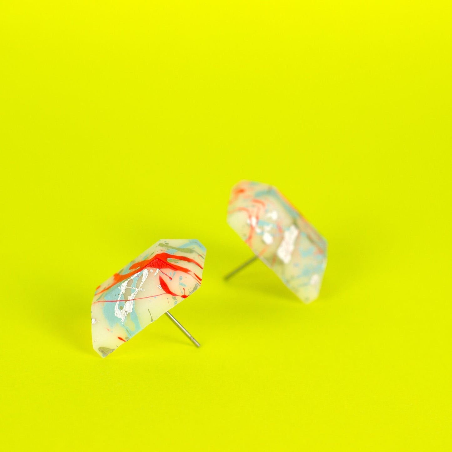 Matte Jewel Edgy Earrings / White, Neon Pink, Silver + Powder Blue