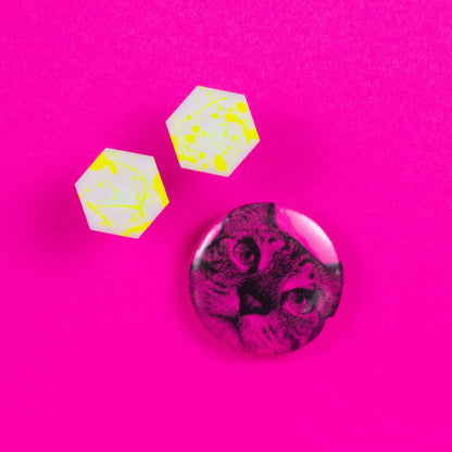 Hexagon Earrings / White + Yellow Neon