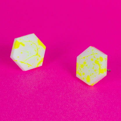 Hexagon Earrings / White + Yellow Neon