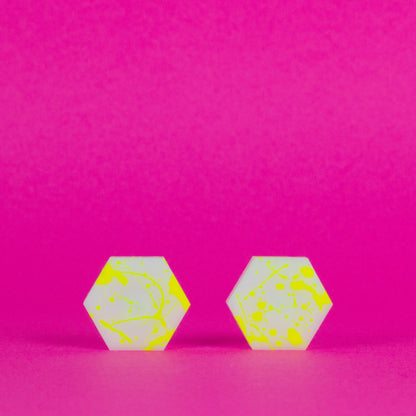 Hexagon Earrings / White + Yellow Neon