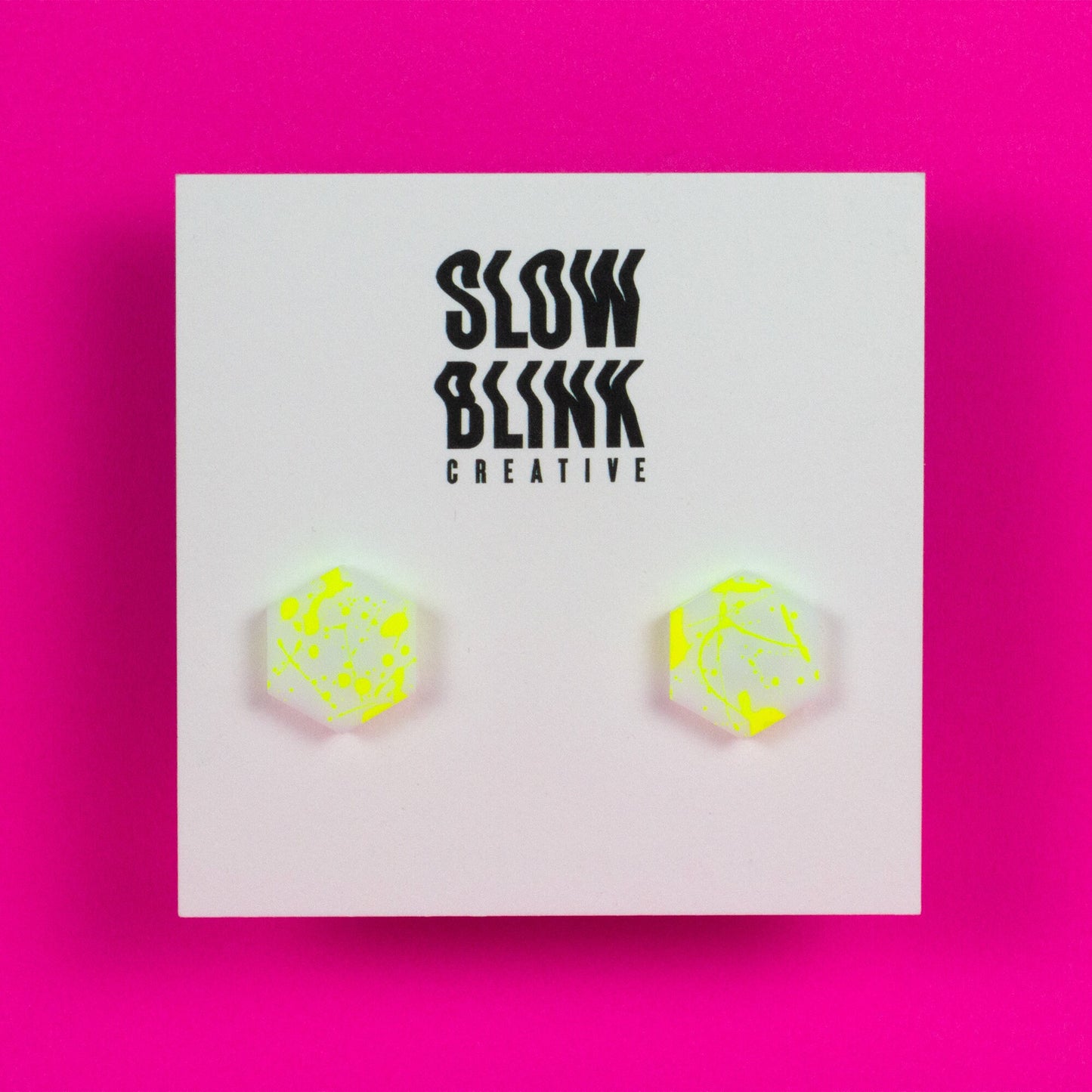 Hexagon Earrings / White + Yellow Neon